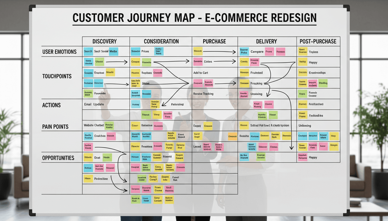 Customer journey mapping on whiteboard with sticky notes