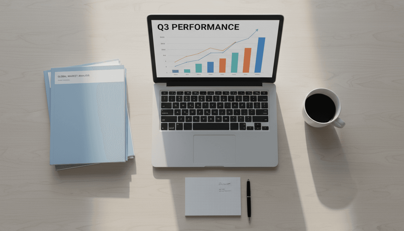 Overhead view of analytics reports and a laptop on a desk