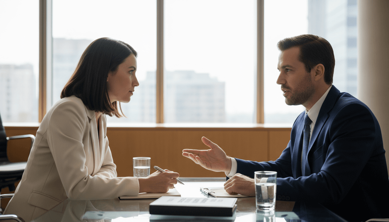 Two professionals engaged in focused conversation at glass conference table with natural window lighting and engaged body language