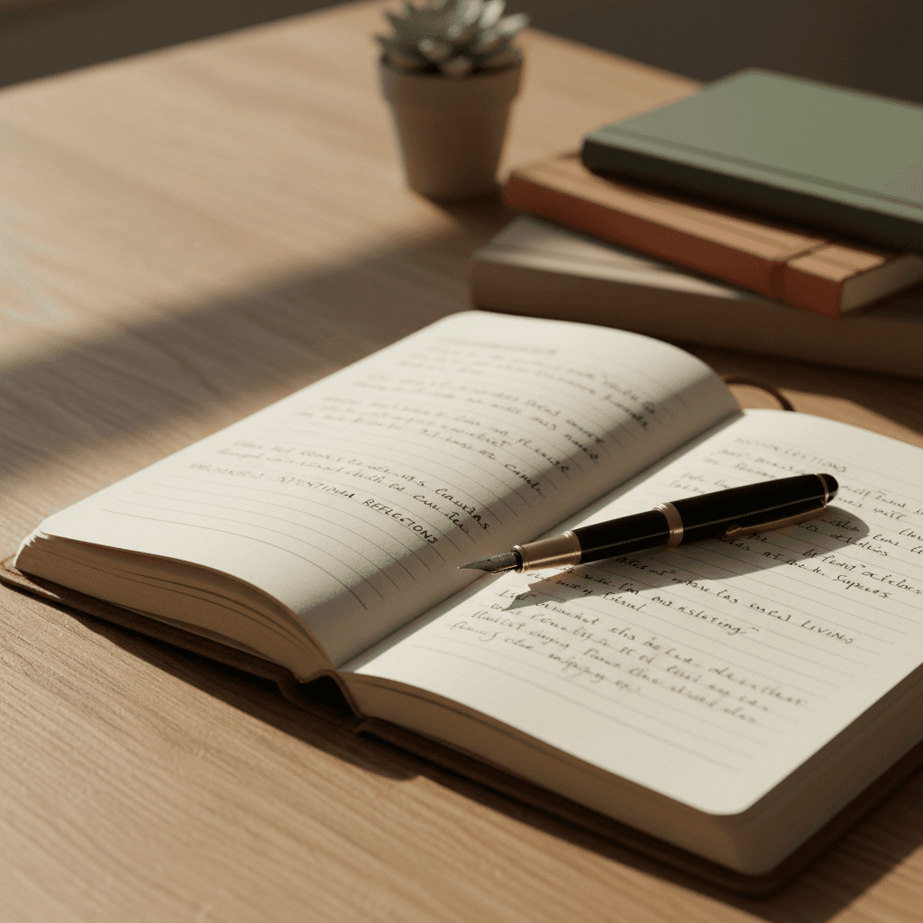 A leather notebook and pen on a desk with natural light creating a sharp shadow