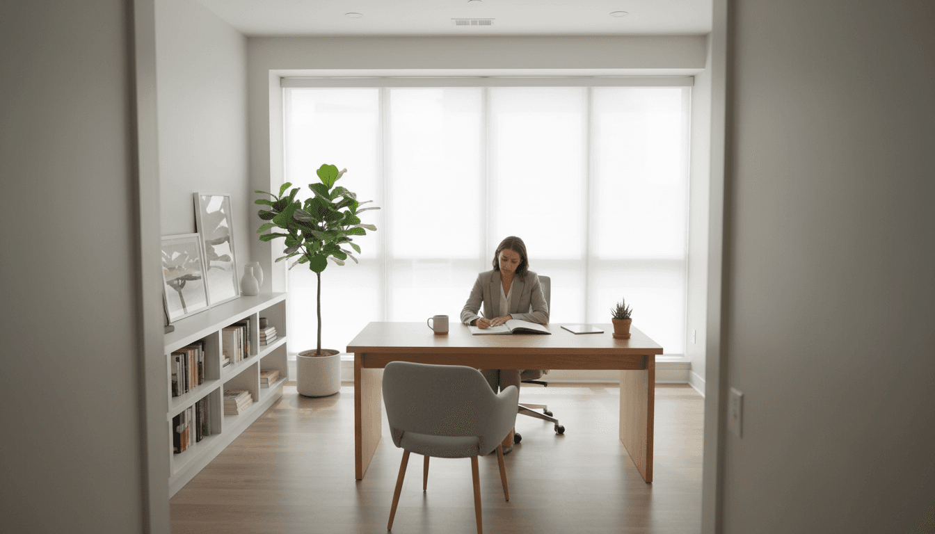 Professional executive office with wooden desk and leather chair