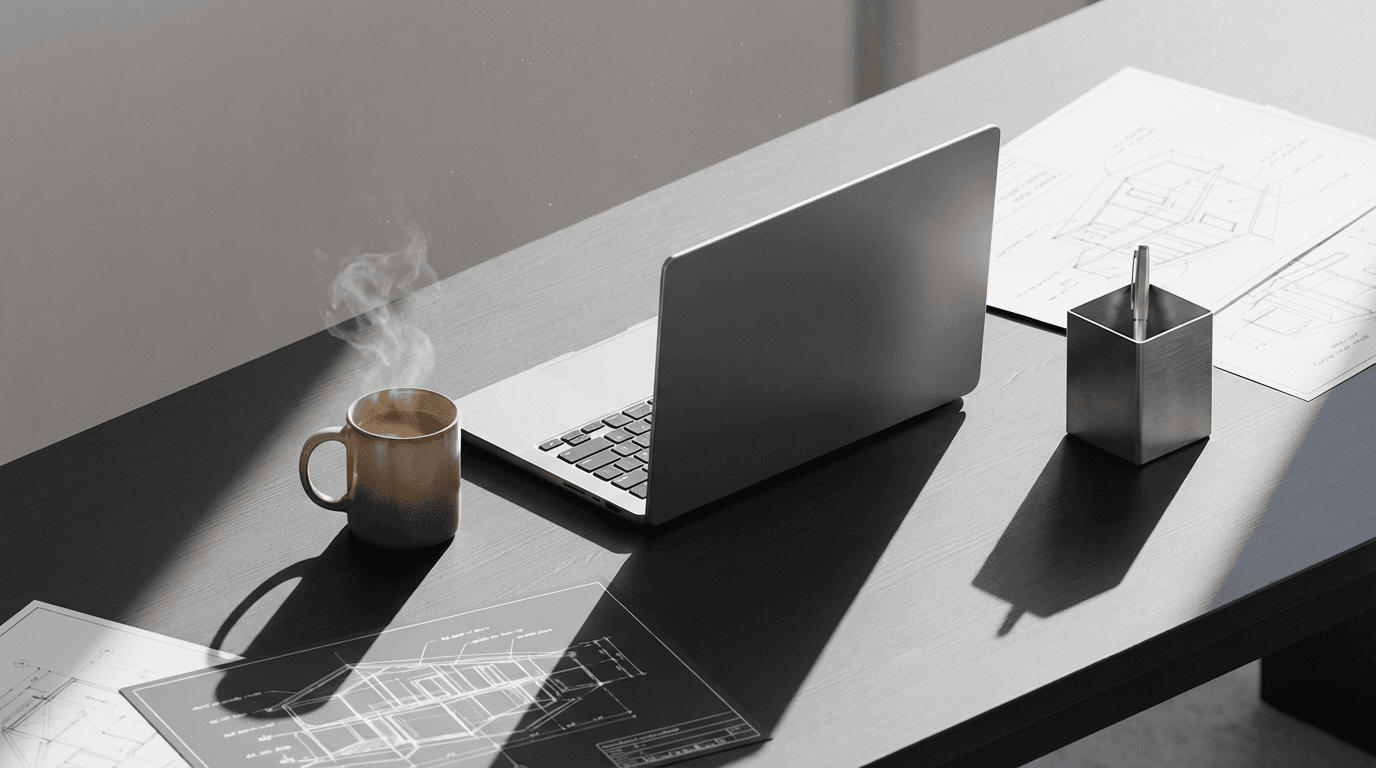 Overhead view of a laptop with a presentation slide, data sheets, and coffee
