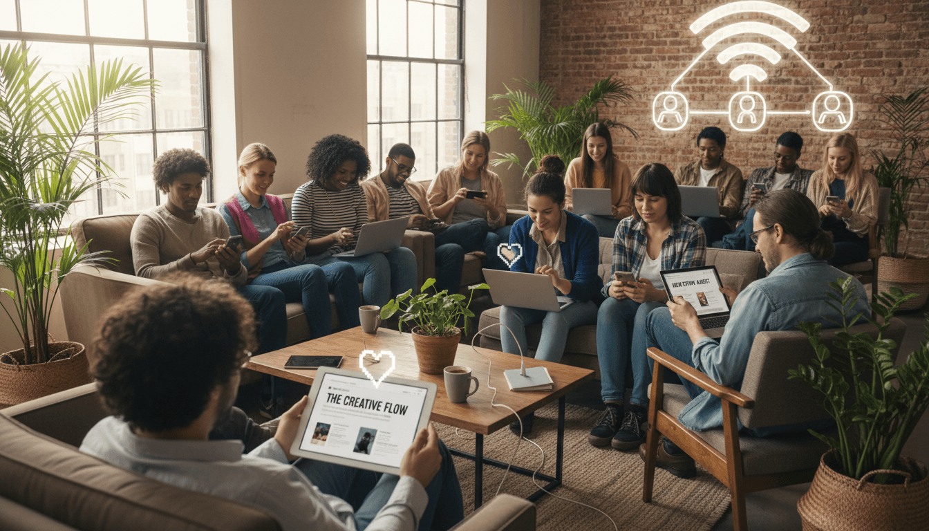 Diverse readers engaged with articles on phones, tablets, and laptops in warm communal space showing audience connection