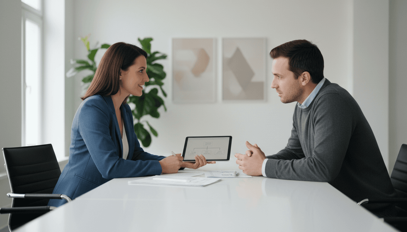 Support specialist and client in professional face-to-face consultation meeting at modern conference table with natural lighting