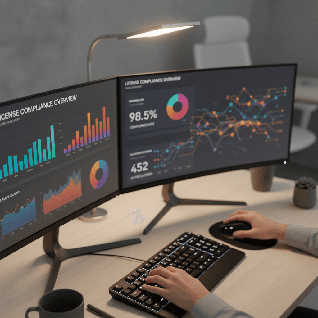 Software engineer's hands at dual-monitor workstation analyzing license inventory data and compliance dashboards