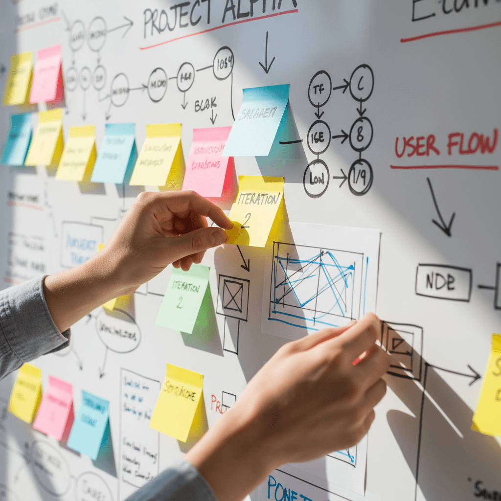 Close-up of a whiteboard with sticky notes and process flow diagrams