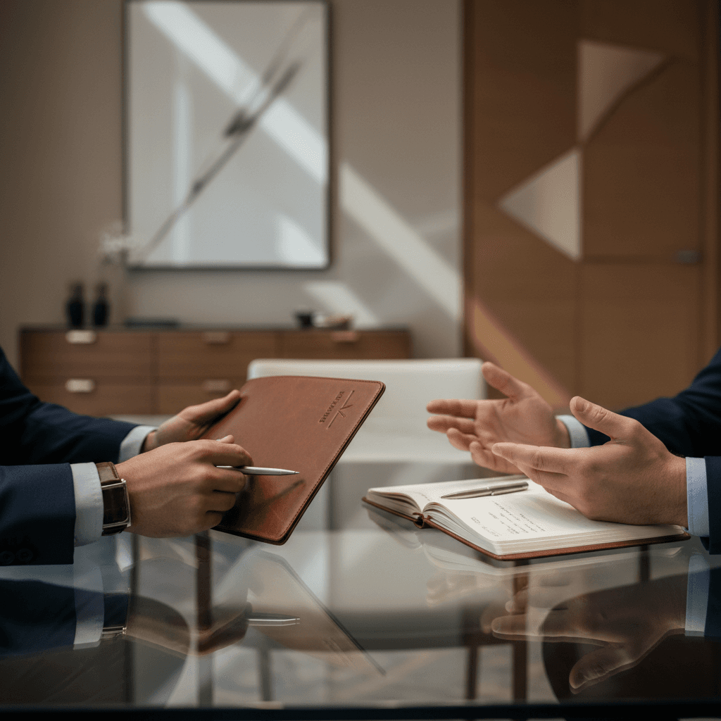 Two executives reviewing a printed report at a meeting table