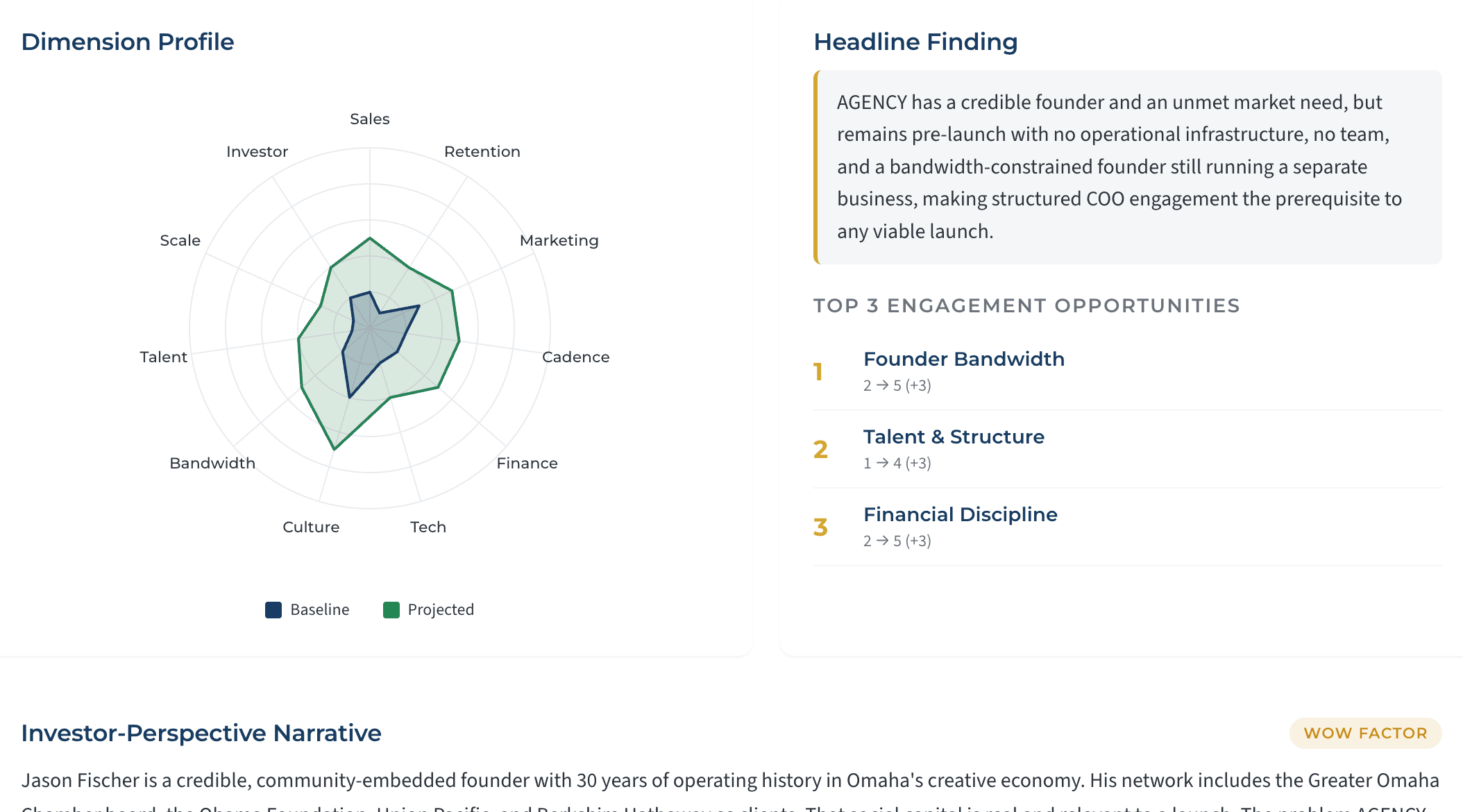 Business dashboard displaying a radar chart for dimension profiles and key investment findings.