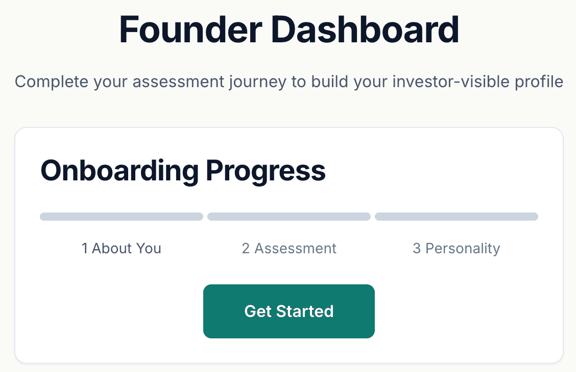 Founder Dashboard onboarding progress screen with three steps and a teal Get Started button.