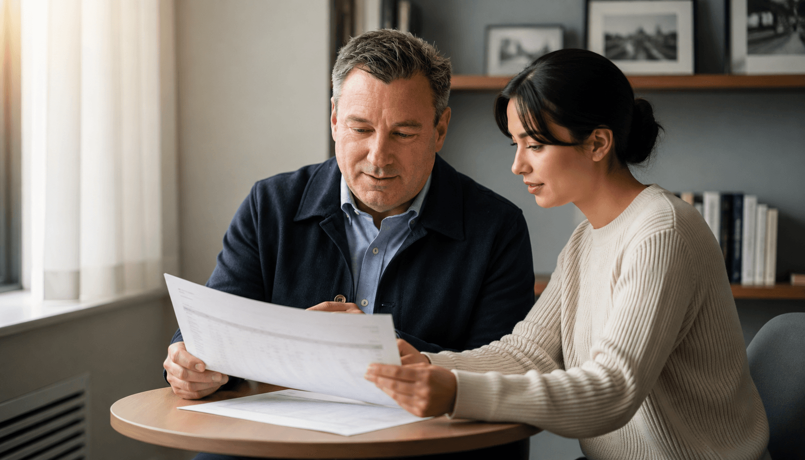 Middle-aged man and young woman sit at a wooden table, carefully reviewing documents together.